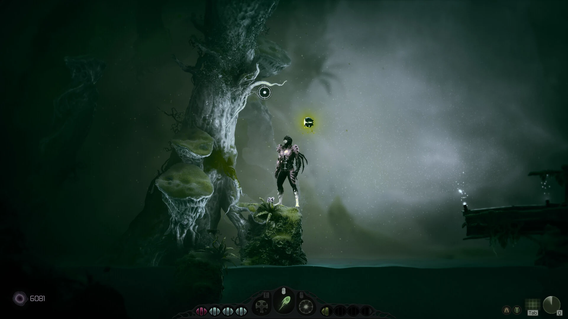 Moadra and the scanner bot exploring a dark alien cavern on Protea VI